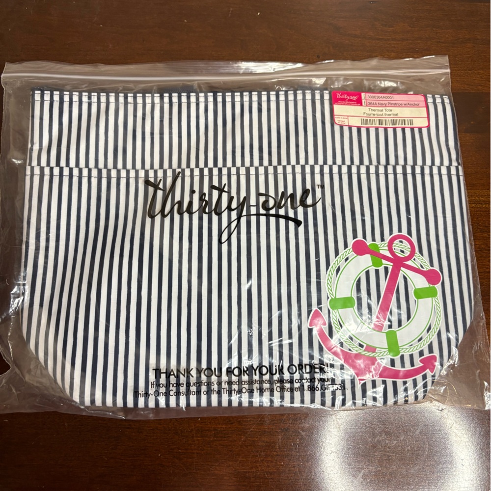 Thirty-one navy pinstripe with anchor large thermal tote, new in package